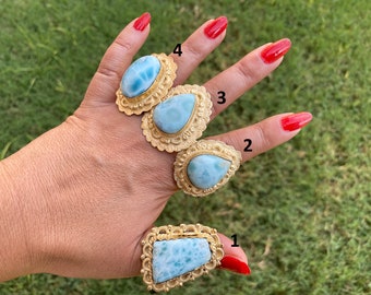 Women Jewelry Ring Bohemian Jewelry,Energy Stone Ring Natural Stone Handmade Ring 14K Brushed Gold Overlay Large Adjustable Larimar Ring