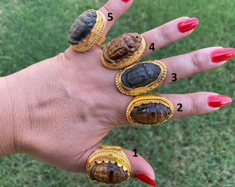 Statement Ring Promise Ring Gold Plated Brass Ring Garnet Ring Wide Band Ring Handmade Ring Buddhist Ring Buddha Face Ring