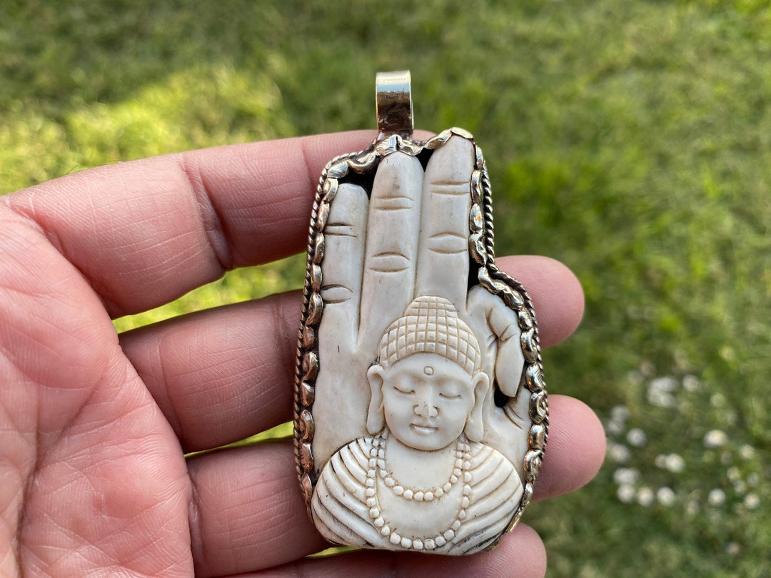 Large Buddha Hand Tibetan Silver Pendant, Hand Carved Buffalo Bone