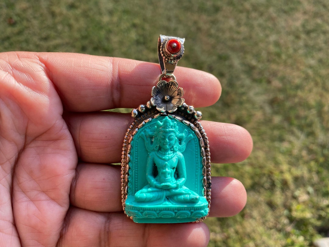 Maitreya Buddha Stabilized Turquoise With Coral Gemstone Tibetan Silver