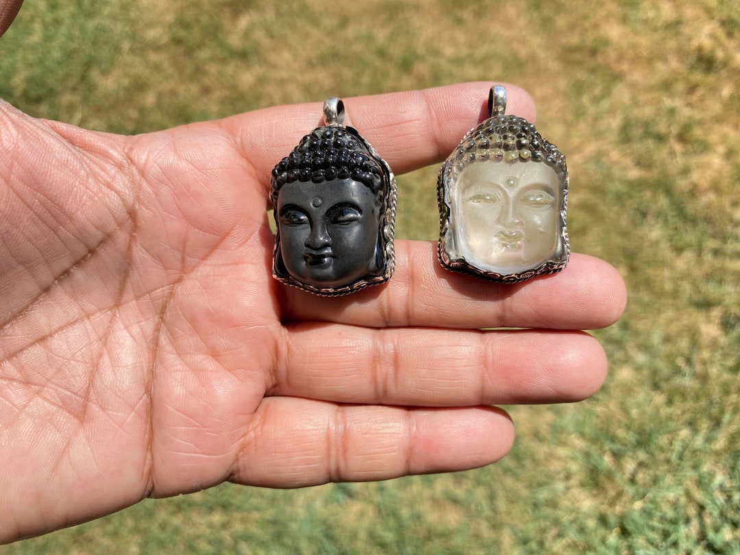 Sterling Silver Crystal Buddha Head Pendant, Black Obsidian Buddha Head