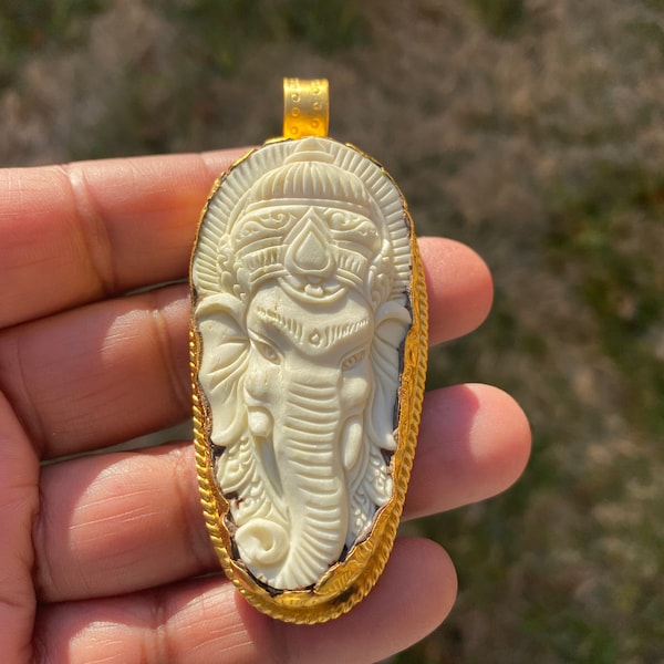 Large Bone Carved Ganesh Buffalo Pendant, 18K Brushed Gold Overlay Non Tarnish, Ethnic Jewelry, Spiritual Pendant for Men or Women,