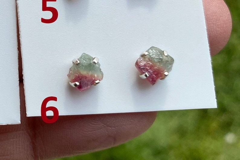 Natural Stone Jewelry Raw Tourmaline Stud Earrings Sterling Silver Studs Rough Gemstone Earrings Raw Watermelon Tourmaline Stud Earring