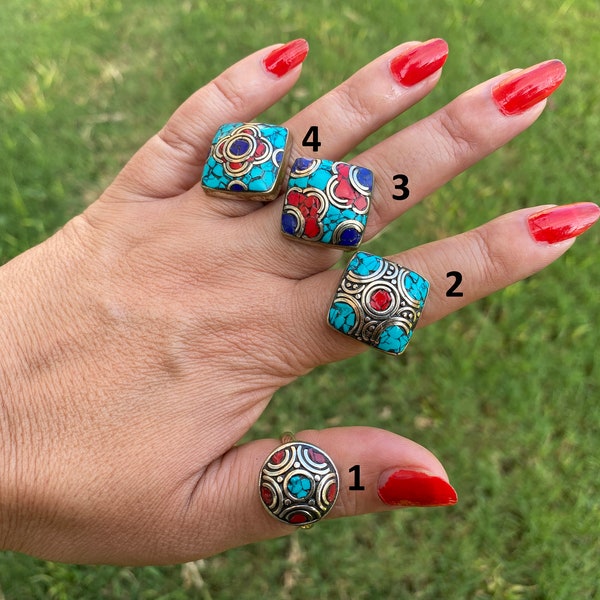 Small Adjustable Tibetan Silver Ring, Turquoise, Coral & Lapis Inlay Ring, Statement Ring, Ethnic Women Ring, Bohemian Hill Tribe Jewelry