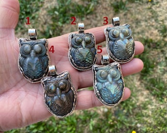 Hand Carved Owl Labradorite Tibetan Silver Pendant, Owl Pendant, Labradorite Owl, Blue Labradorite, Wildlife Jewelry, Animal Lover's Pendant