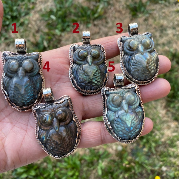 Hand Carved Owl Labradorite Tibetan Silver Pendant, Owl Pendant, Labradorite Owl, Blue Labradorite, Wildlife Jewelry, Animal Lover's Pendant