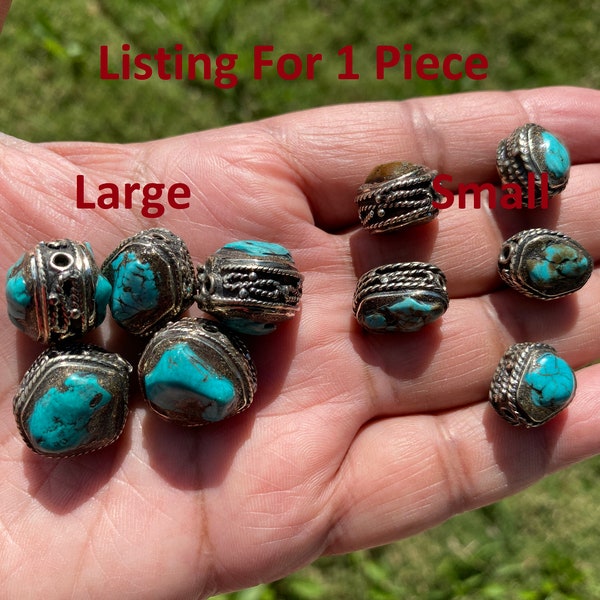 Large & Small Natural Turquoise Nuggets Tibetan Silver Bead, Gemstone Beads, Nature Jewelry Bead,  Beads for Necklace, Bracelet Charm Bead