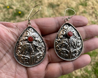 Large Tibetan Silver Elephant Design Earrings, Red Coral Stone, Birthstone Earring, Birthday Gift, Bridesmaid Earring, Light Weight Earring