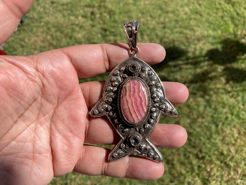 Tibetan Silver Rhodochrosite Natural Stone Pendant Heart Center - Pendant