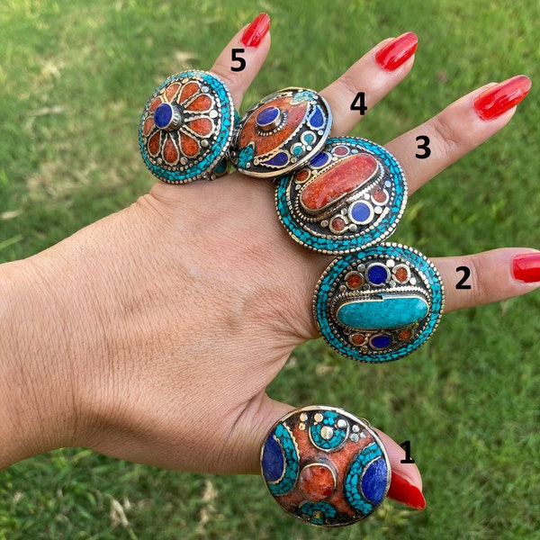 Large Adjustable Tibetan Silver Ring, Turquoise, Coral & Lapis Inlay Ring, Statement Ring, Ethnic Women Ring, Bohemian Hill Tribe Jewelry