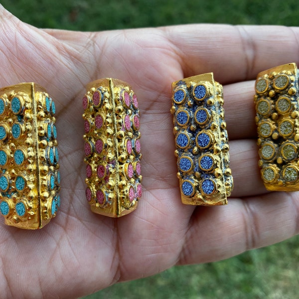 Brushed Gold Brass Bead, Triangle Box Shaped Tibetan Beads, Ethnic Nepal Tibetan Metal Focal Beads, Coral Turquoise Lapis Inlay Bead