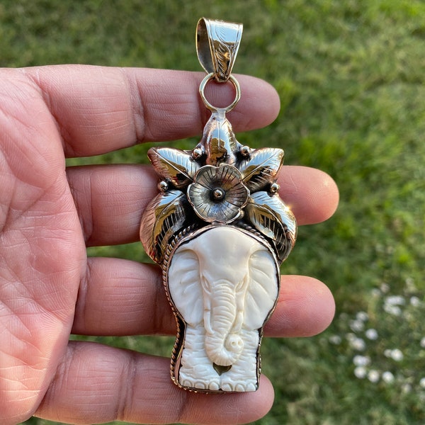 Elephant Carved Bone Tibetan Silver Pendant, Unisex Jewelry, Pendant for Necklace, Birthday Gift, Save The Elephant, Animal Lovers Jewelry
