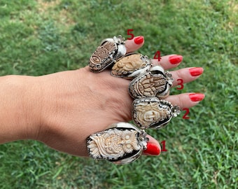 Big Adjustable Bone Carved Tibetan Silver Ring, Owl, Bear Face, Lord Shiva Hamsa with Evel Eye Ring, Unique Ring, Punk Jewelry