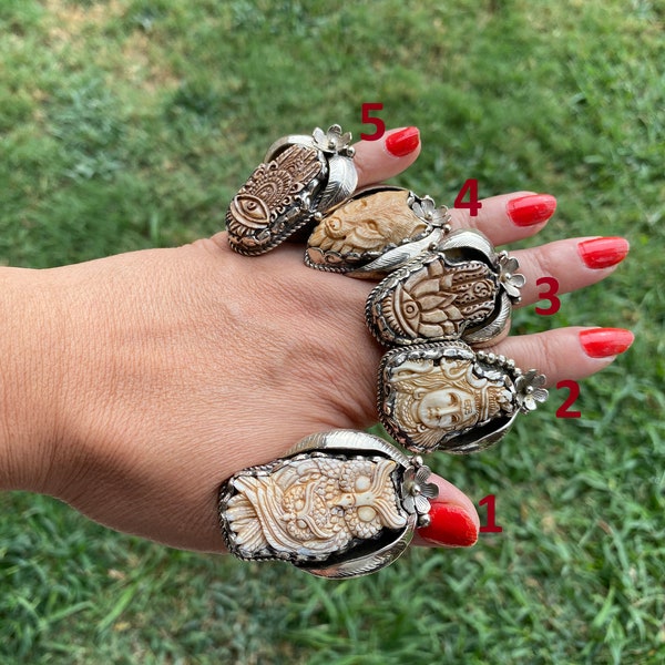 Big Adjustable Bone Carved Tibetan Silver Ring, Owl, Bear Face, Lord Shiva Hamsa with Evel Eye Ring, Unique Ring, Punk Jewelry