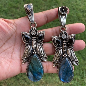 Labradorite Butterfly Pendant, Tibetan Silver, Black Onyx, Smoky Quartz Gemstones, Healing Crystal Pendant, Protection Pendant. Birthstone