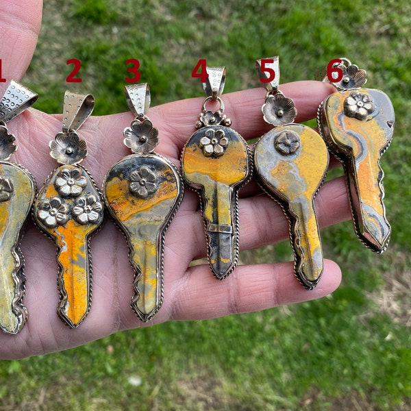 Key Pendant, Natural Stone Bumblebee Jasper Tibetan Silver Pendant, Key Jewelry, Happiness Fortune Gift for Men or Women, Skeleton Key