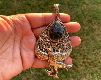 Large Agate Tibetan Silver Pendant, Hand carved Bird Design, Tibetan Pendant, Ethnic Jewelry, Natural Stone Pendant, Pendant for Necklace