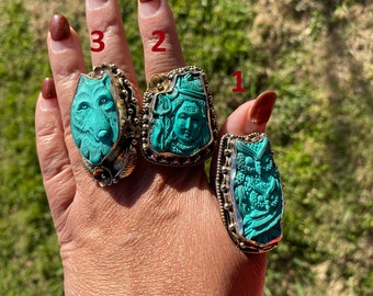 Large Adjustable Compressed Turquoise Tibetan Silver Ring, Owl or Lord Shiva or Dog Carved Rings, Statement Big Ring, Bohemian Jewelry