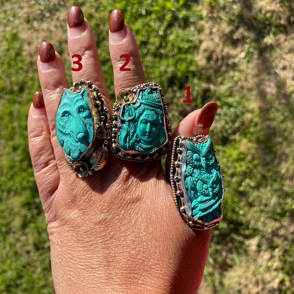 Large Adjustable Compressed Turquoise Tibetan Silver Ring, Owl or Lord Shiva or Dog Carved Rings, Statement Big Ring, Bohemian Jewelry