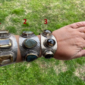 Large Adjustable Citrine Labradorite or Smoky Gemstone Antique Silver Looks Wide Hammered Band Cuff Bracelet, Oxidize Silver Overlay Jewelry