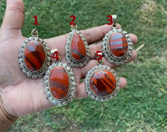 Hematite Red Jasper Natural Stone Tibetan Silver Pendant, Unique Designs, Pendant Necklace for Men or Women, Himalayan Jewelry, Bohemian