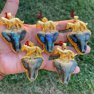 Handcrafted Elephant Head Labradorite Pendant, Non Tarnish Brushed Gold Overlay, Elephant Pendant, Animal Pendant, Unique Carving Jewelry