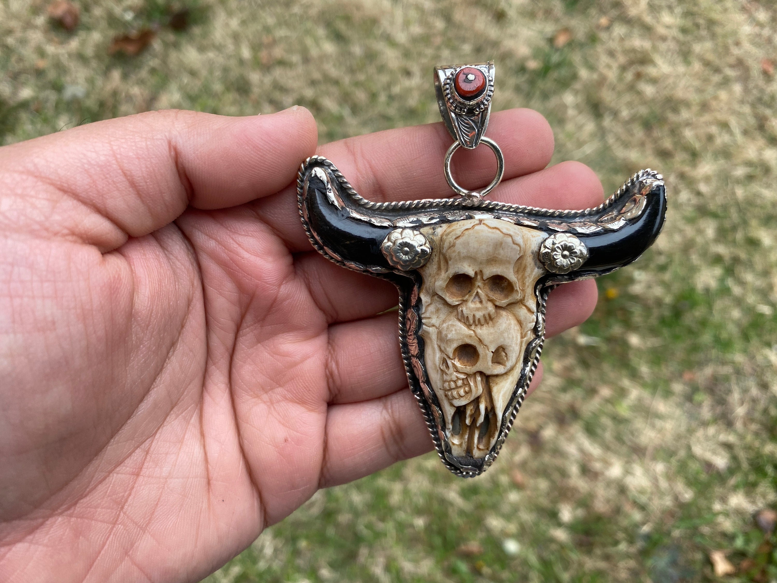 Buffalo Bone Coral Pendant Skull Bull Ox Head Skull Pendant for Men or Women Large Hand Carved Bull Head with Skull Tibetan Silver Pendant