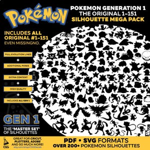 Può includere: Immagini in silhouette in bianco e nero di tutti i 151 personaggi originali di Pokémon della prima generazione. L'immagine include il testo "Pokemon Generation 1 The Original 1-151 Silhouette Mega Pack" e "PDF SVG Formats Over 200+ Pokemon Silhouettes".