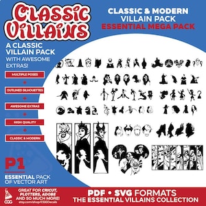 Może przedstawiać: Pakiet cyfrowych plików do pobrania z klasycznymi i nowoczesnymi sylwetkami złoczyńców w czerni i bieli. Pakiet zawiera wiele póz, zarysowane sylwetki i dodatkowe elementy. Tekst "CLASSIC VILLAINS" i "ESSENTIAL MEGA PACK" znajduje się w górnej części obrazu. Tekst "P1 ESSENTIAL PACK OF VECTOR ART" znajduje się w dolnej części obrazu.