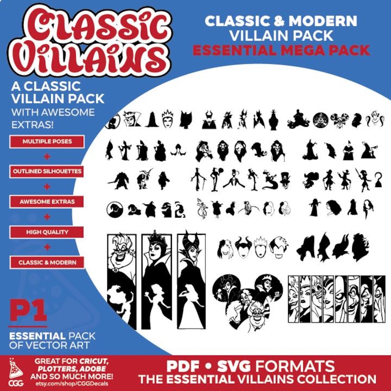 Puede incluir: Un paquete de descarga digital de siluetas de villanos cl&aacute;sicos y modernos en blanco y negro. El paquete incluye m&uacute;ltiples poses, siluetas delineadas y elementos adicionales. El texto "CLASSIC VILLAINS" y "ESSENTIAL MEGA PACK" est&aacute; en la parte superior de la imagen. El texto "P1 ESSENTIAL PACK OF VECTOR ART" est&aacute; en la parte inferior de la imagen.
