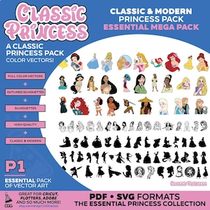 Op de afbeelding: Een digitaal kunstpakket met klassieke en moderne prinsessenontwerpen in kleur, omtrek silhouetten en silhouetten. De afbeelding bevat de tekst "Classic Princess" en "Essential Mega Pack" met de tekst "PDF + SVG formats".
