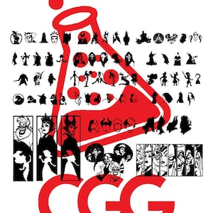 Puede incluir: Un vaso rojo con siluetas negras de varios villanos de Disney, incluyendo Mal&eacute;fica, &Uacute;rsula y Cruella de Vil. El vaso est&aacute; rodeado de siluetas m&aacute;s peque&ntilde;as de villanos y el texto "CGG DECAL www.etsy.com/shop/cggdecals".