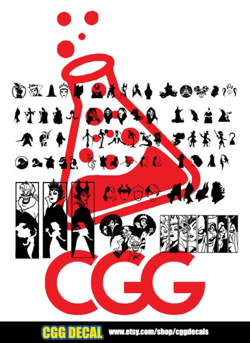 Puede incluir: Un vaso rojo con siluetas negras de varios villanos de Disney, incluyendo Mal&eacute;fica, &Uacute;rsula y Cruella de Vil. El vaso est&aacute; rodeado de siluetas m&aacute;s peque&ntilde;as de villanos y el texto "CGG DECAL www.etsy.com/shop/cggdecals".