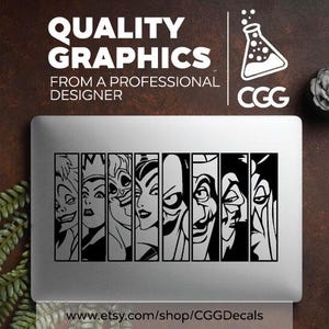 Puede incluir: Ilustraci&oacute;n en blanco y negro de siete villanos de Disney, incluyendo a Mal&eacute;fica, &Uacute;rsula, Cruella de Vil y la Reina Malvada. Los villanos est&aacute;n representados en una fila, con sus caras y cabello visibles. La ilustraci&oacute;n est&aacute; en una computadora port&aacute;til plateada.