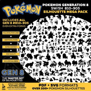 Puede incluir: Imágenes en silueta en blanco y negro de más de 200 Pokémon de la generación 8, incluidos todos los Pokémon del #810-905. La imagen incluye el texto "Pokemon Generation 8 SW/SH 810-905 Silhouette Mega Pack" y "PDF SVG Formats Over 200+ Pokemon Silhouettes".