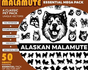 Alaskan Malamute Dog Vector Silhouette Mega Pack: 40+ Objects (PDF, SVG, EPS)
