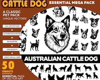 Australian Cattle Dog Vector Silhouette Mega Pack: 40+ Objects (SVG, PDF, EPS)