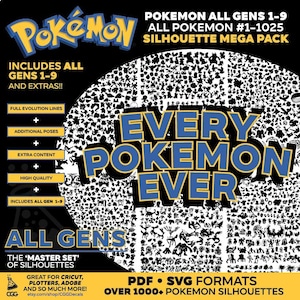 以下が含まれることがあります： 世代1から9までのすべてのポケモンのシルエットを白黒で描いた画像。画像は、黒の背景に囲まれ、白いテキストで「Pokemon All Gens 1-9」、「All Pokemon #1-1025」、「Silhouette Mega Pack」、「Includes All Gens 1-9 and Extras!!」、「Full Evolution Lines」、「Additional Poses」、「Extra Content」、「High Quality」、「Includes All Gen 1-9」、「Every Pokemon Ever」、「All Gens」、「The 'Master Set' of Silhouettes」、「Great for Cricut, Plotters, Adobe and so much more!」、「PDF SVG Formats Over 1000+ Pokemon Silhouettes」と書いてあります。
