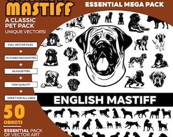 English Mastiff Dog Vector Silhouettes Mega Pack: 40+ Objects (PDF, SVG, EPS)