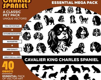 King Charles Cavalier Spaniel Dog Vector Silhouette Mega Pack: 40+ Objects (SVG, PDF, EPS)