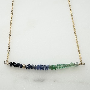 Gradient Emerald and Blue Sapphire Bar Necklace / Yellow Gold Filled