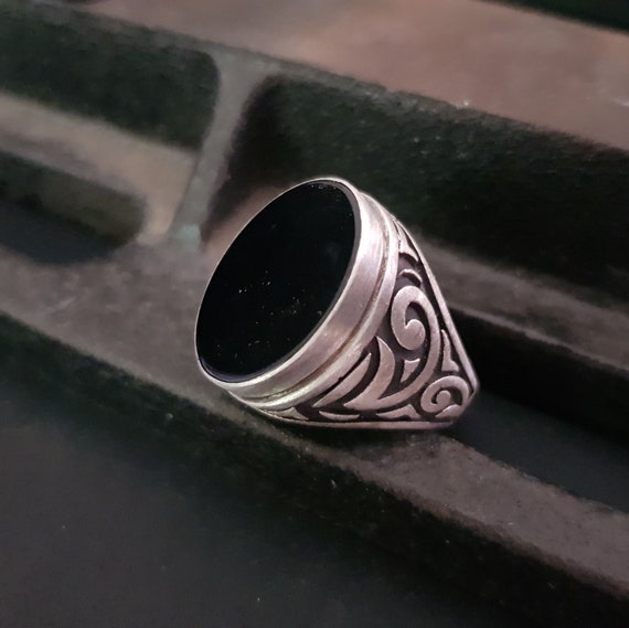 Black Onyx Men Ring Rustic Silver Men Ring Black Stone Etsy