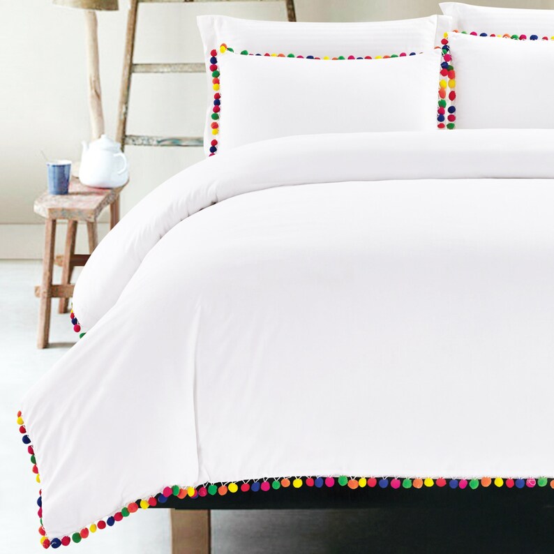 White Doona Duvet Cover Multi Color Pom Lace Cotton Throw Comforter Set Bohemian Quilt 2 Pillows Cushions Queen Twin Size