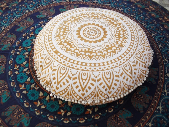 Boho Ottoman Indian Pouf Decorative Throw Pillowcases 32 Boho Pillow Shams Golden Ombre Mandala Floor Cushions Pom Pom Outdoor Cushion Pet Dog Cat Bed Without Filler