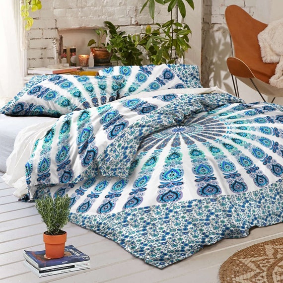 Duvet Cover Queen Twin Size Peacock Feather Mandala Doona Etsy