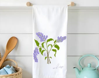 Lilac Flour Sack Towel | Botanical Tea Towel | Flower Dish Cloth | Floral Kitchen Linens