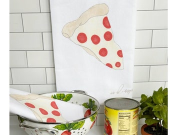 Pizza Flour Sack Towel, Hostess Gift, Eco Friendly. Pizza Tea Towel, Housewarming Gift, Italian Theme, Pizza Party, Hand Illustrated Art