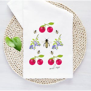 Cherries, Blueberries and Bees Flour Sack Towel, 27 x 27 square Tea Towel, Cherries Decor, Kitchen Decor, Gifts for the Kitchen, Hostess