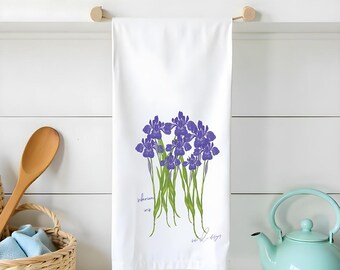 Siberian Iris Flour Sack Towel | Botanical Kitchen Decor | Floral Tea Towel | Gardeners Gift