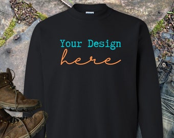 Black Gildan 18000 Sweatshirt Mockups, Sweater mocks, mockups for men, men’s mocks, masculine mocks, hiking, camping, Father’s Day, Flat lay